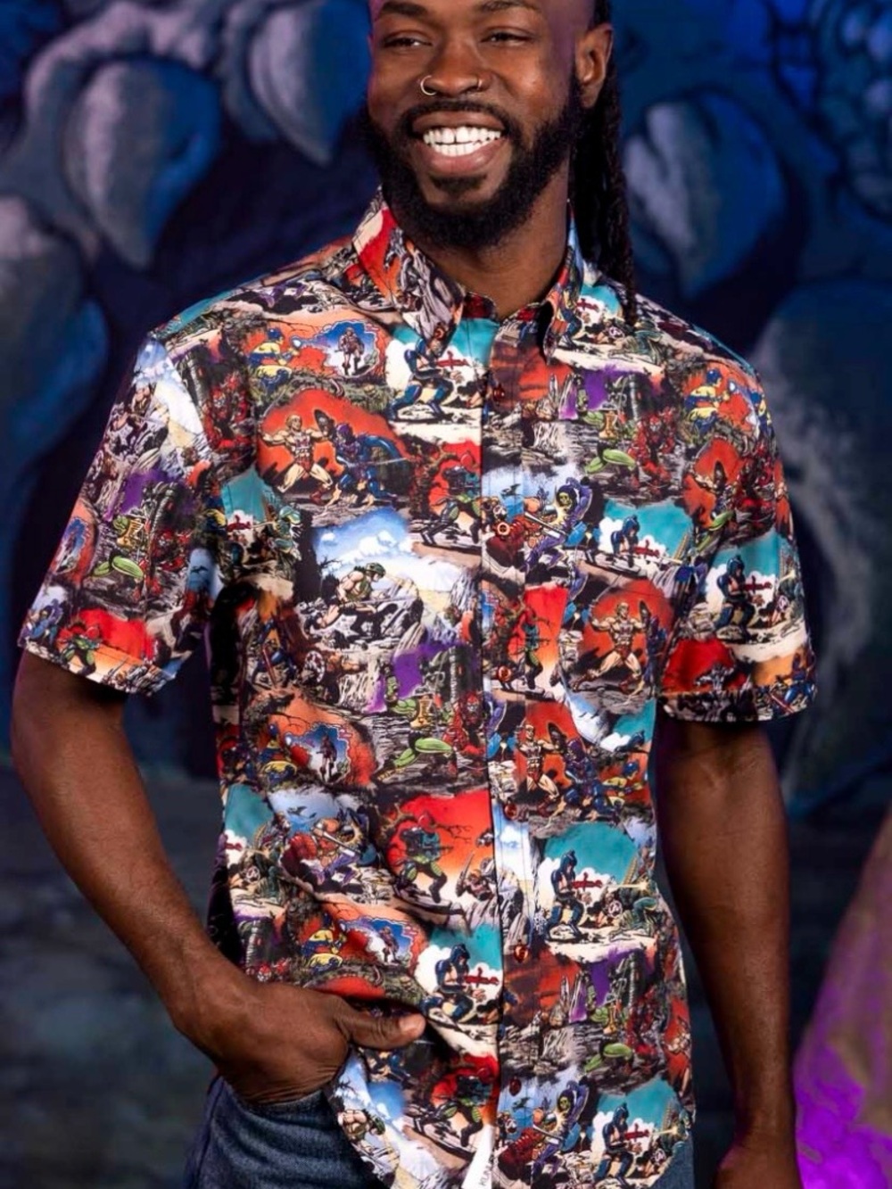RSVLTS Masters of the Universe “Panels of Power” button short sleeve shirt XL